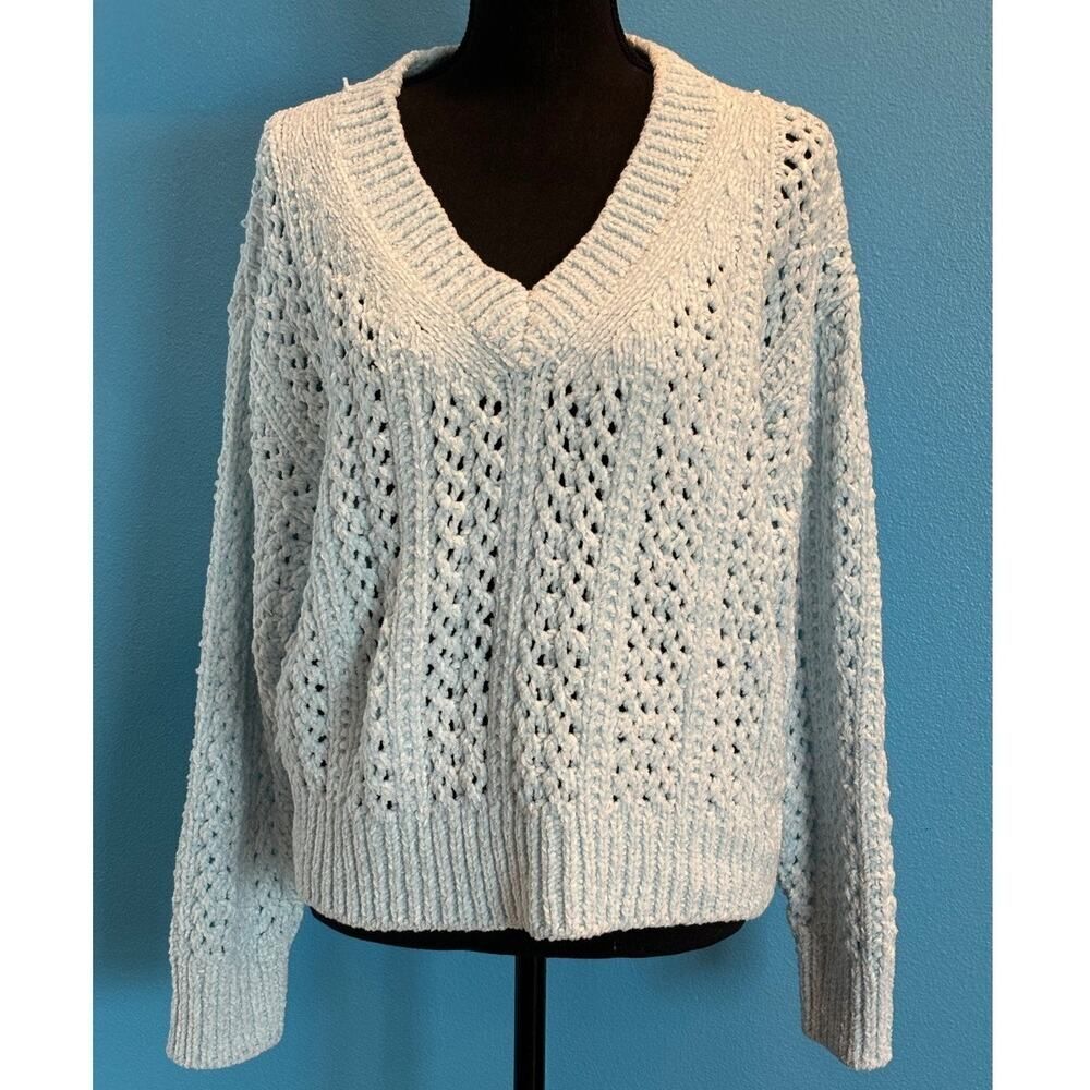 NWT Hello Nite Pullover Sweater Chenille Open Knit Whisper Blue Crochet M SOFT!
